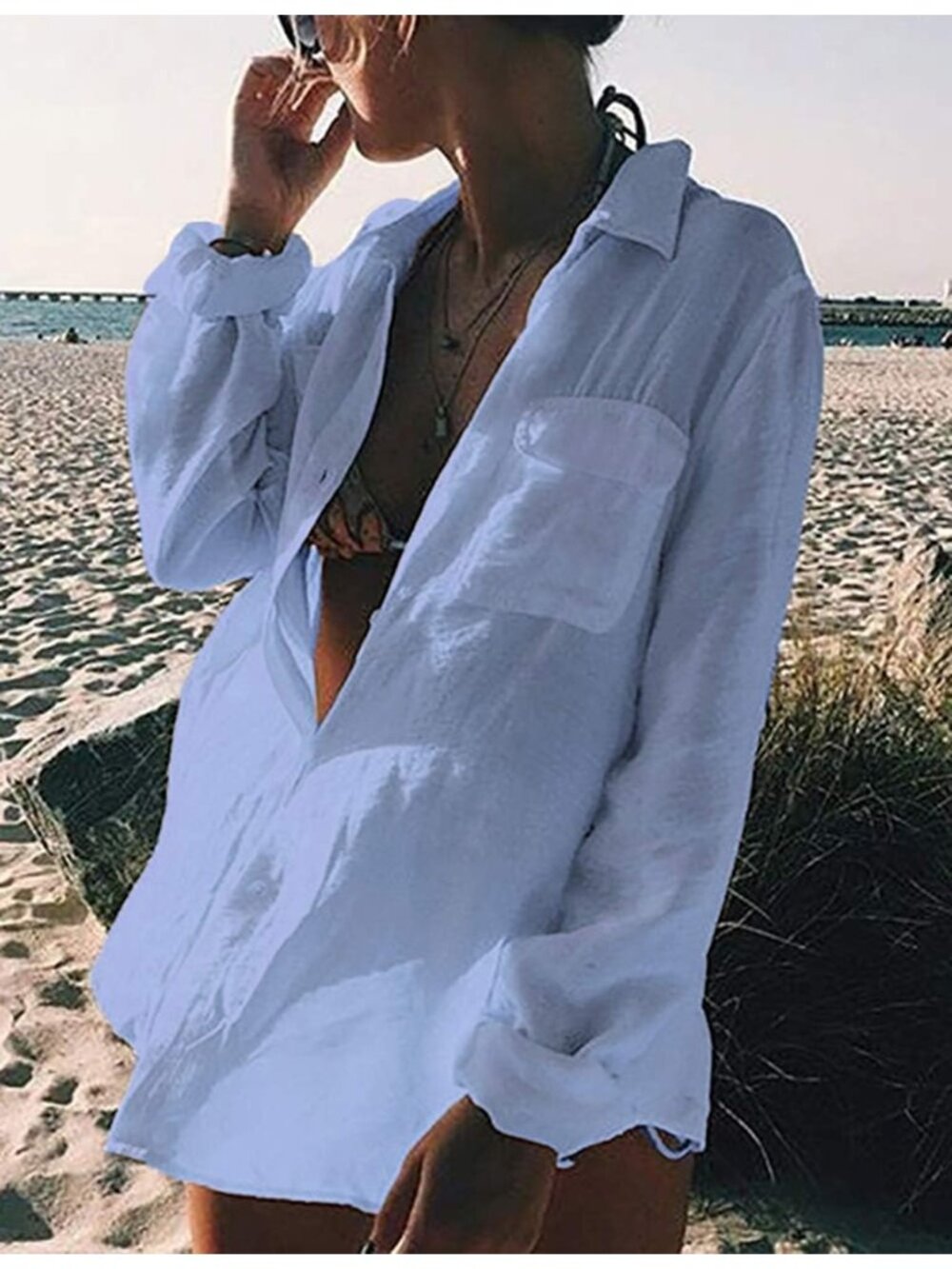 Women's G- Cyan Long Sleeve Button Down Shirts Blouses Swim Beach Cover Ups - Picture 4 of 4